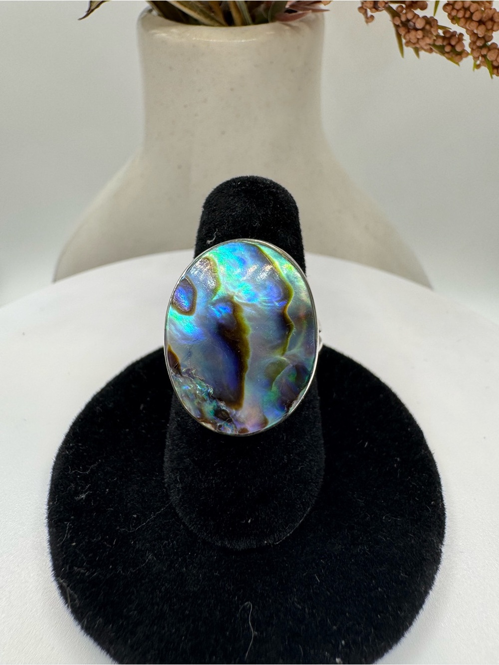 Vintage BlackAbalone Shell Sterling Silver Ring - Iridescent Colors